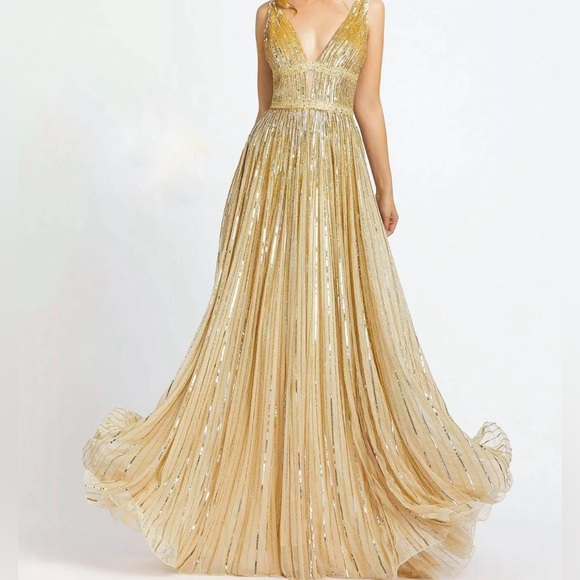 *NEW WITH TAGS* MAC DUGGAL Nude Pale Gold Sequin Beaded Stripe Deep V-neck Gown - Picture 3 of 17